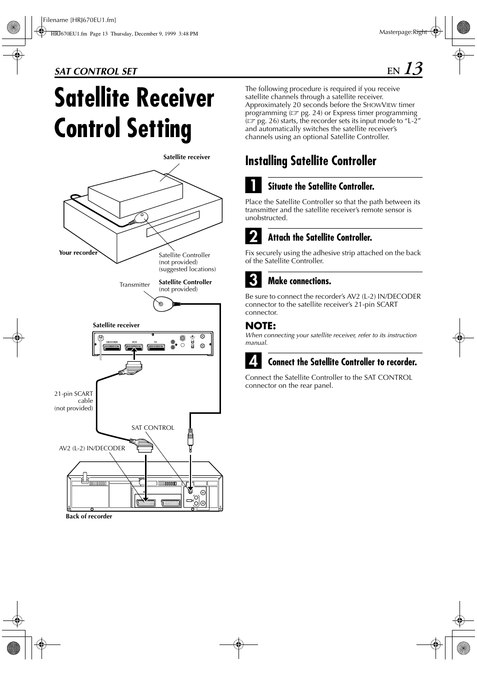 Satellite receiver control setting, Installing satellite controller | JVC HR-J470 User Manual | Page 13 / 56