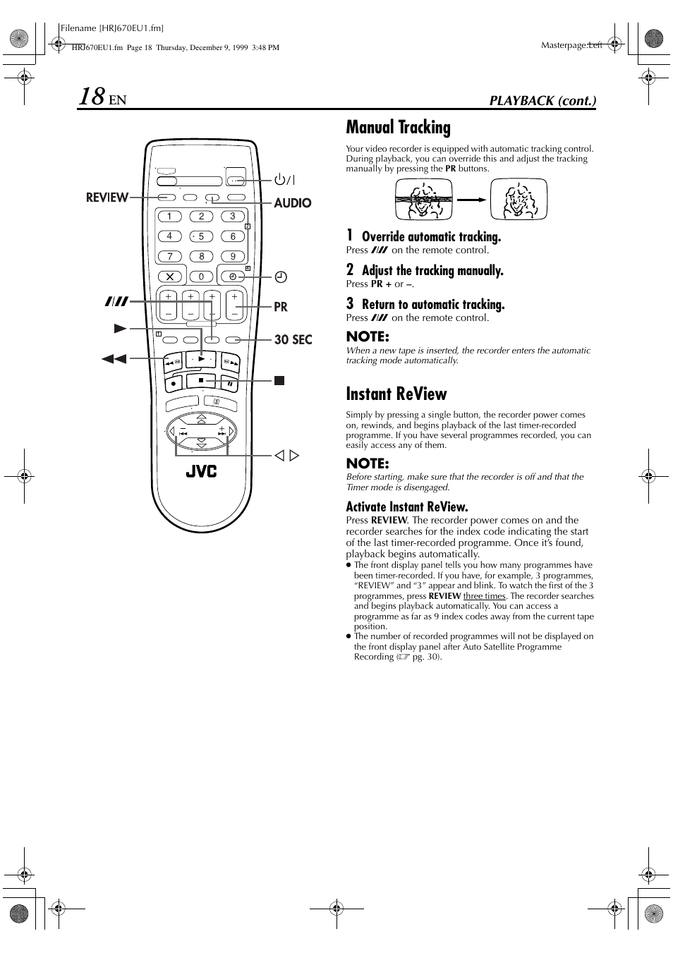 Manual tracking, Instant review | JVC HR-J470 User Manual | Page 18 / 56