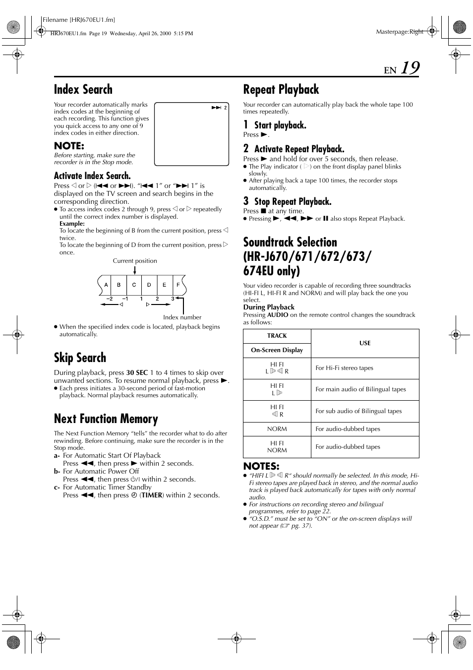 Index search, Skip search, Repeat playback | Activate index search, Start playback, Activate repeat playback, Stop repeat playback | JVC HR-J470 User Manual | Page 19 / 56