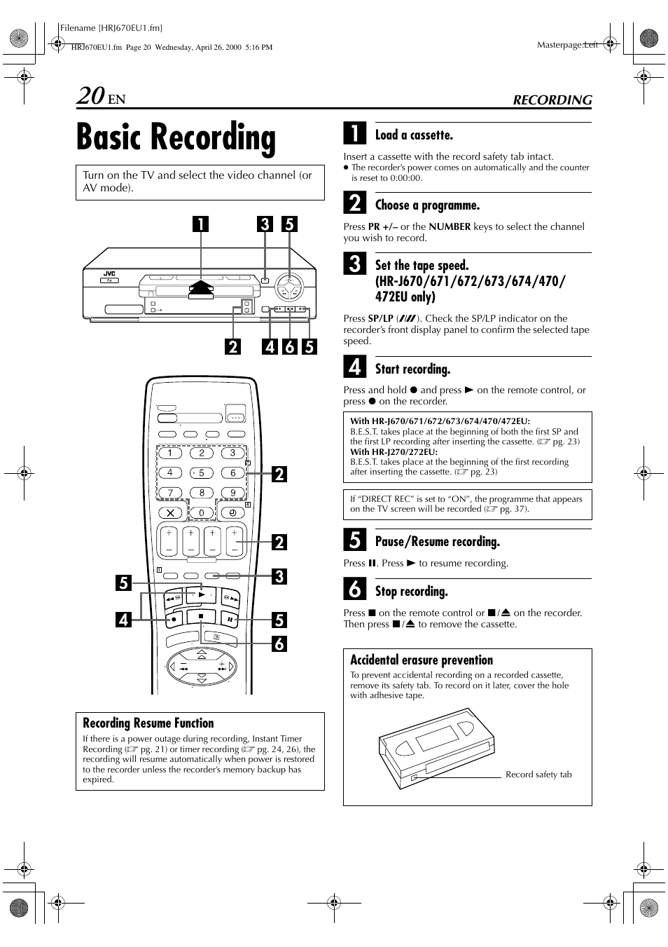 Basic recording | JVC HR-J470 User Manual | Page 20 / 56