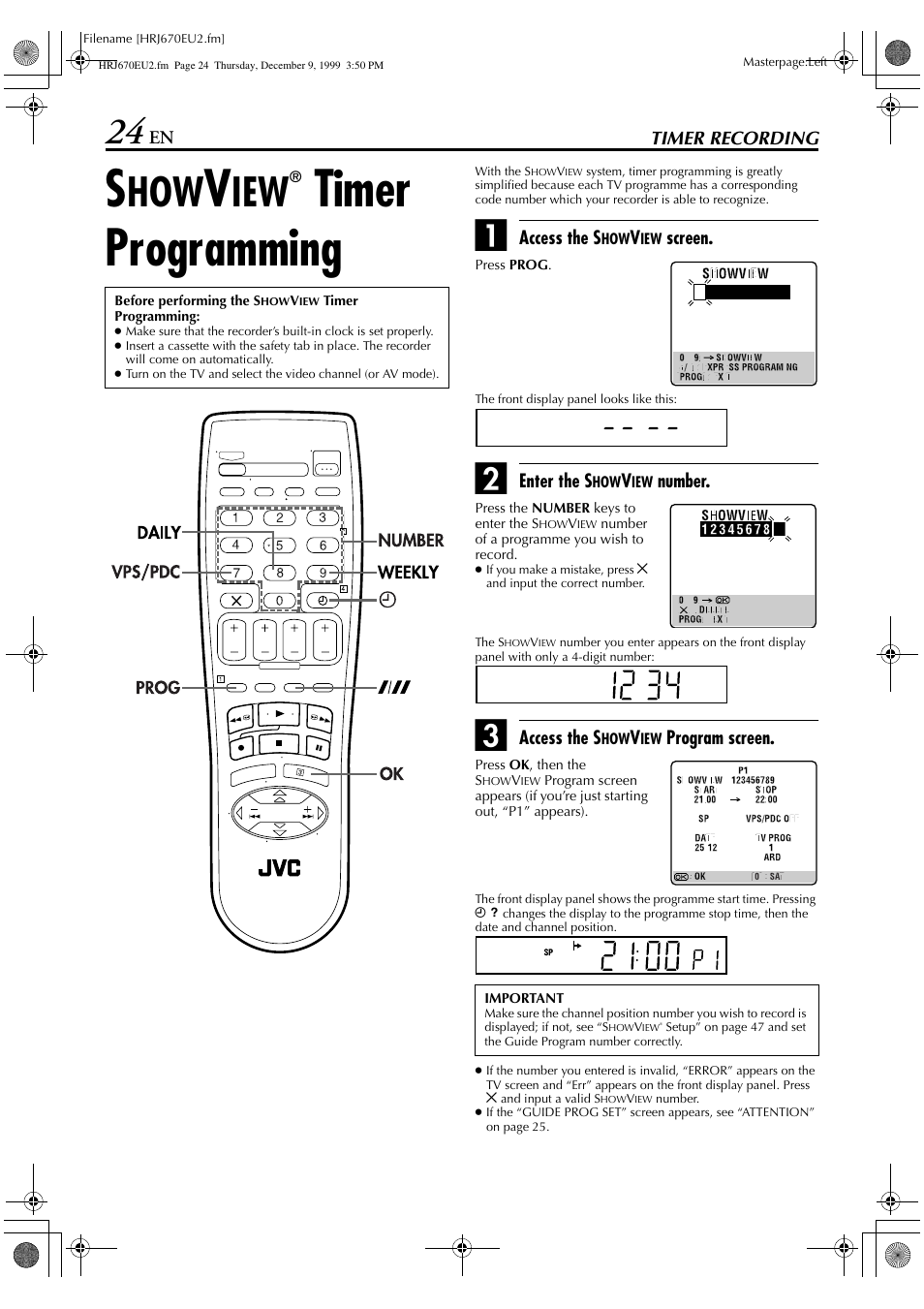 Timer programming | JVC HR-J470 User Manual | Page 24 / 56