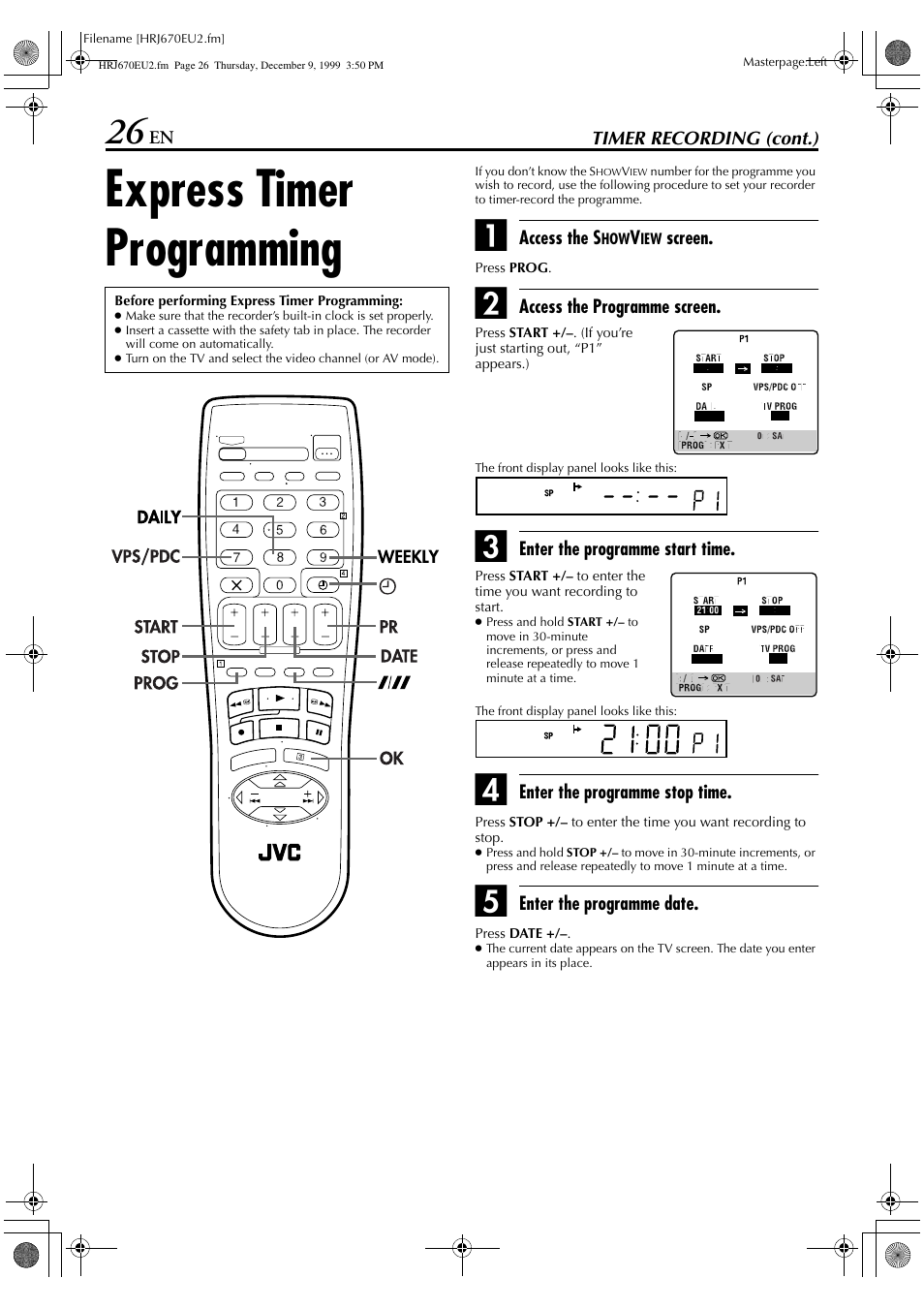 Express timer programming | JVC HR-J470 User Manual | Page 26 / 56