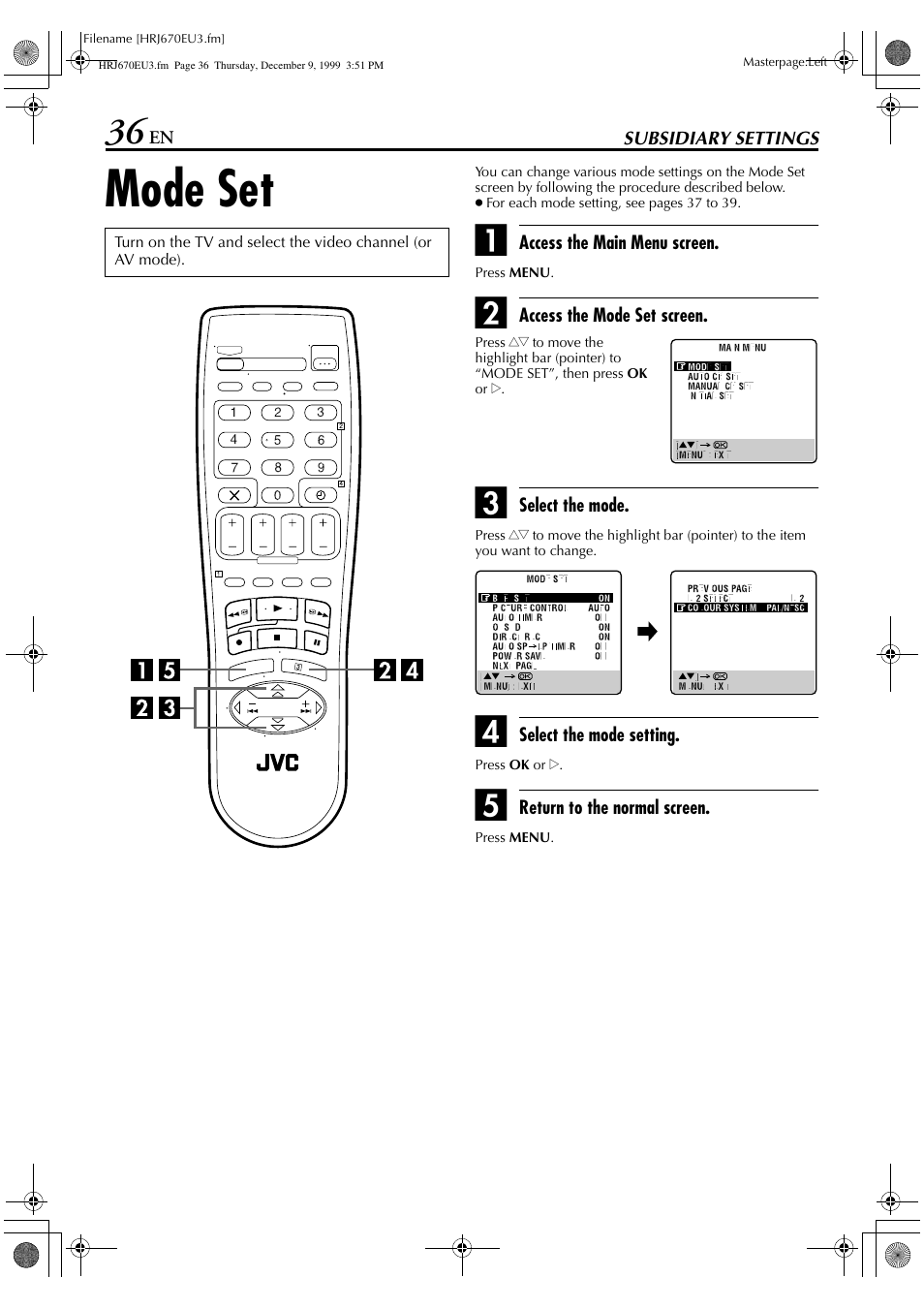 Mode set | JVC HR-J470 User Manual | Page 36 / 56