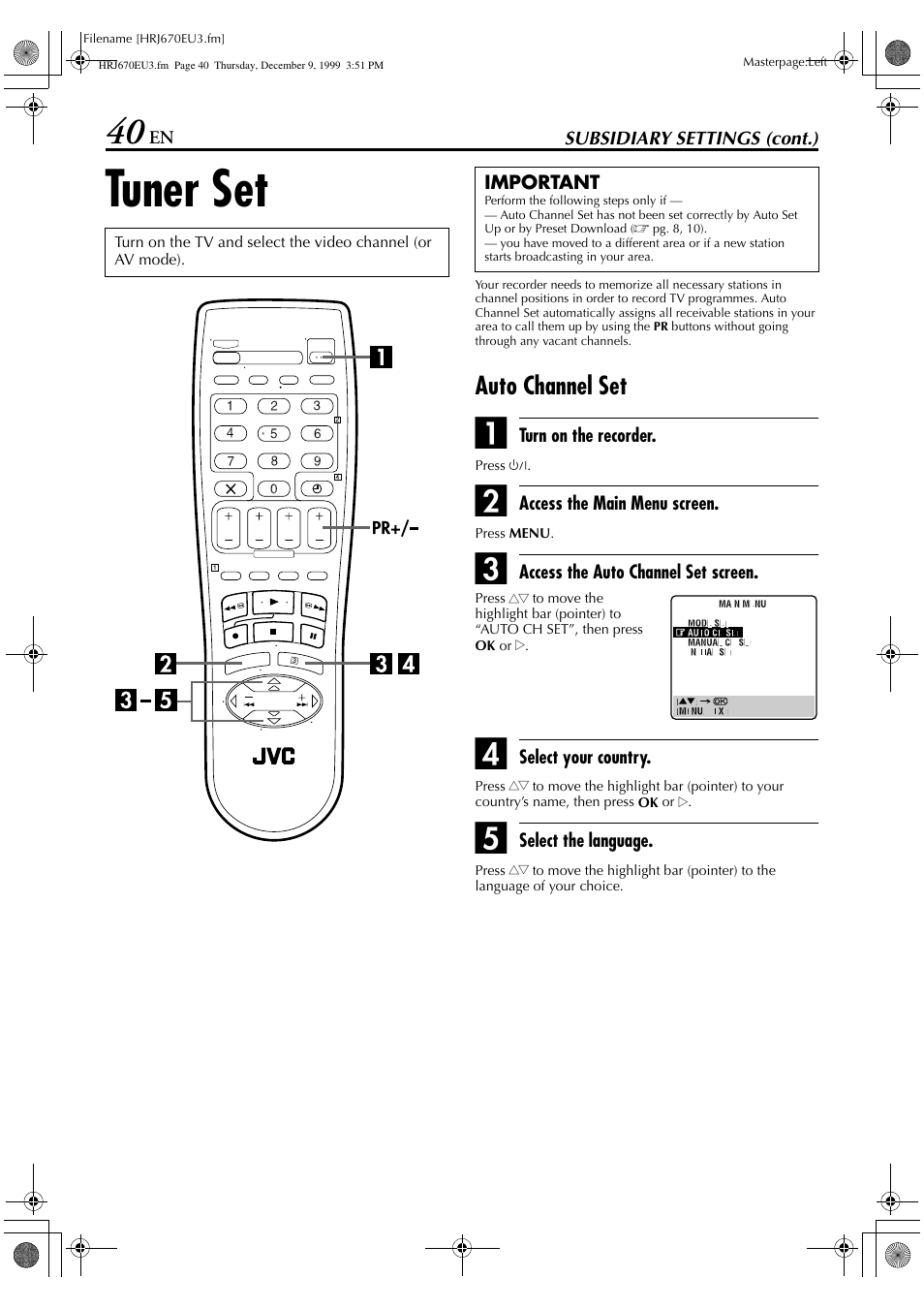 Tuner set, Auto channel set | JVC HR-J470 User Manual | Page 40 / 56