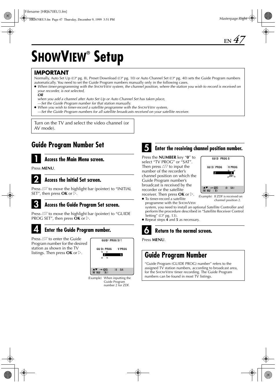 Setup, Guide program number set, Guide program number | JVC HR-J470 User Manual | Page 47 / 56