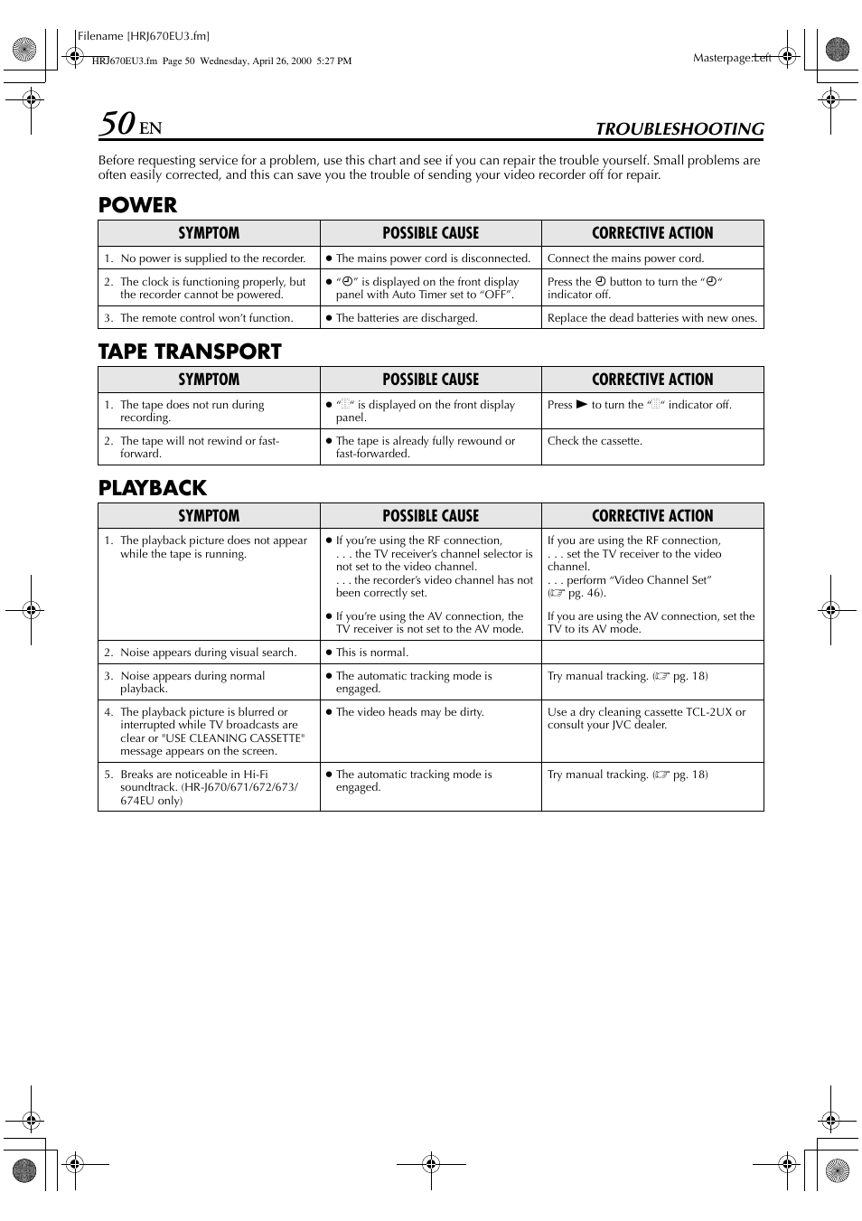 Power tape transport playback, En troubleshooting | JVC HR-J470 User Manual | Page 50 / 56