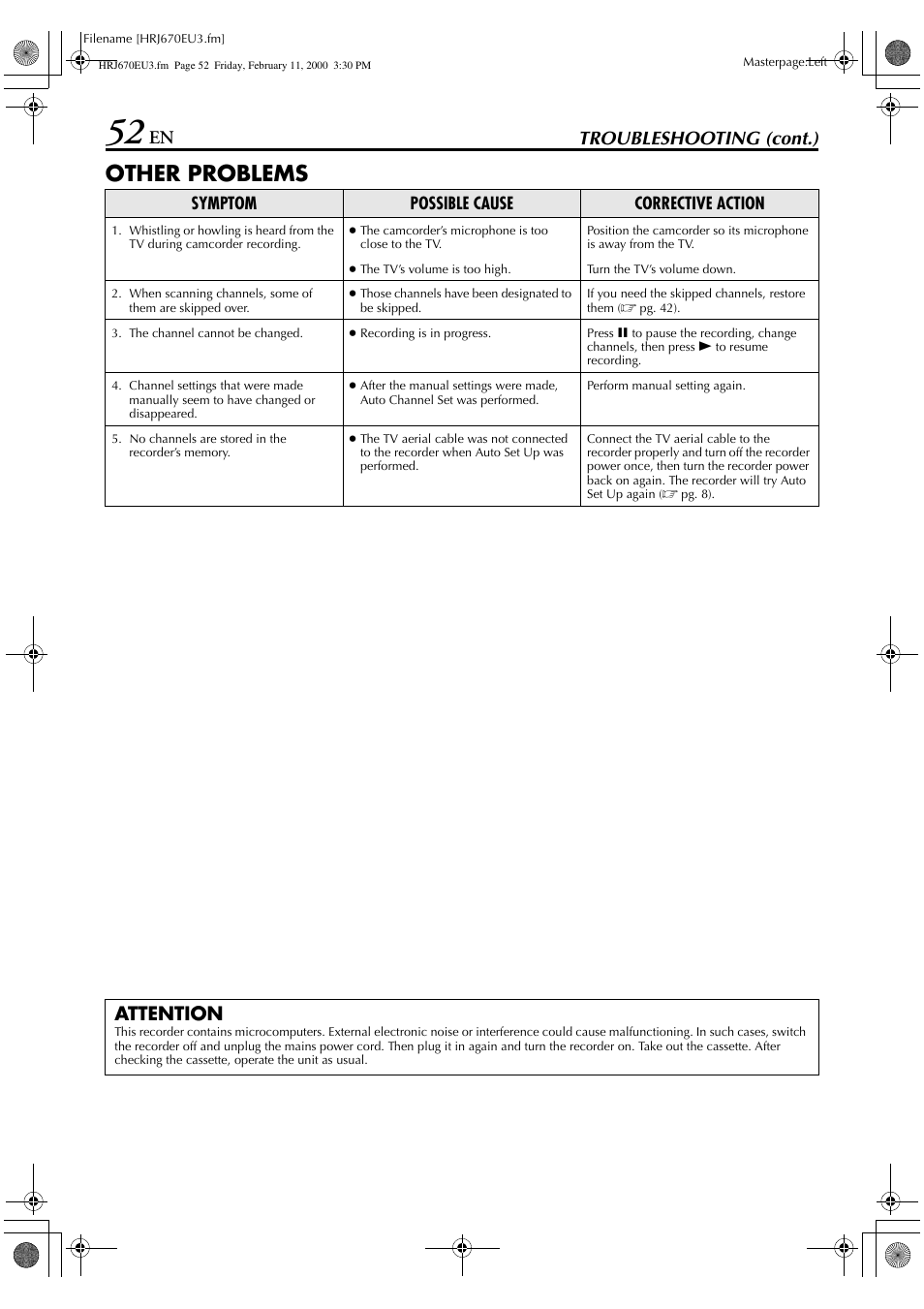 Other problems, En troubleshooting (cont.), Attention | JVC HR-J470 User Manual | Page 52 / 56