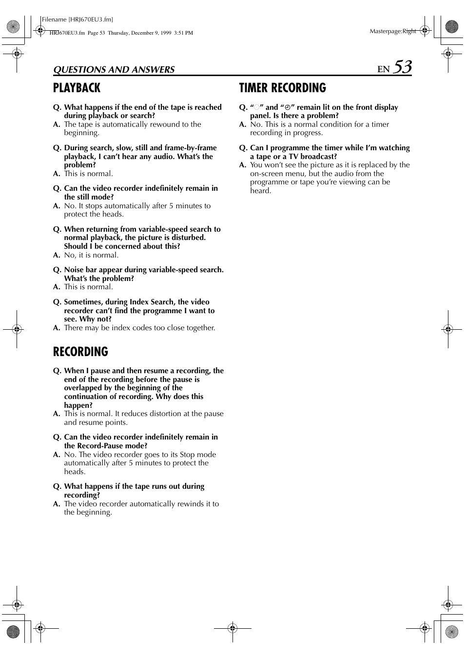 Playback, Recording, Timer recording | JVC HR-J470 User Manual | Page 53 / 56