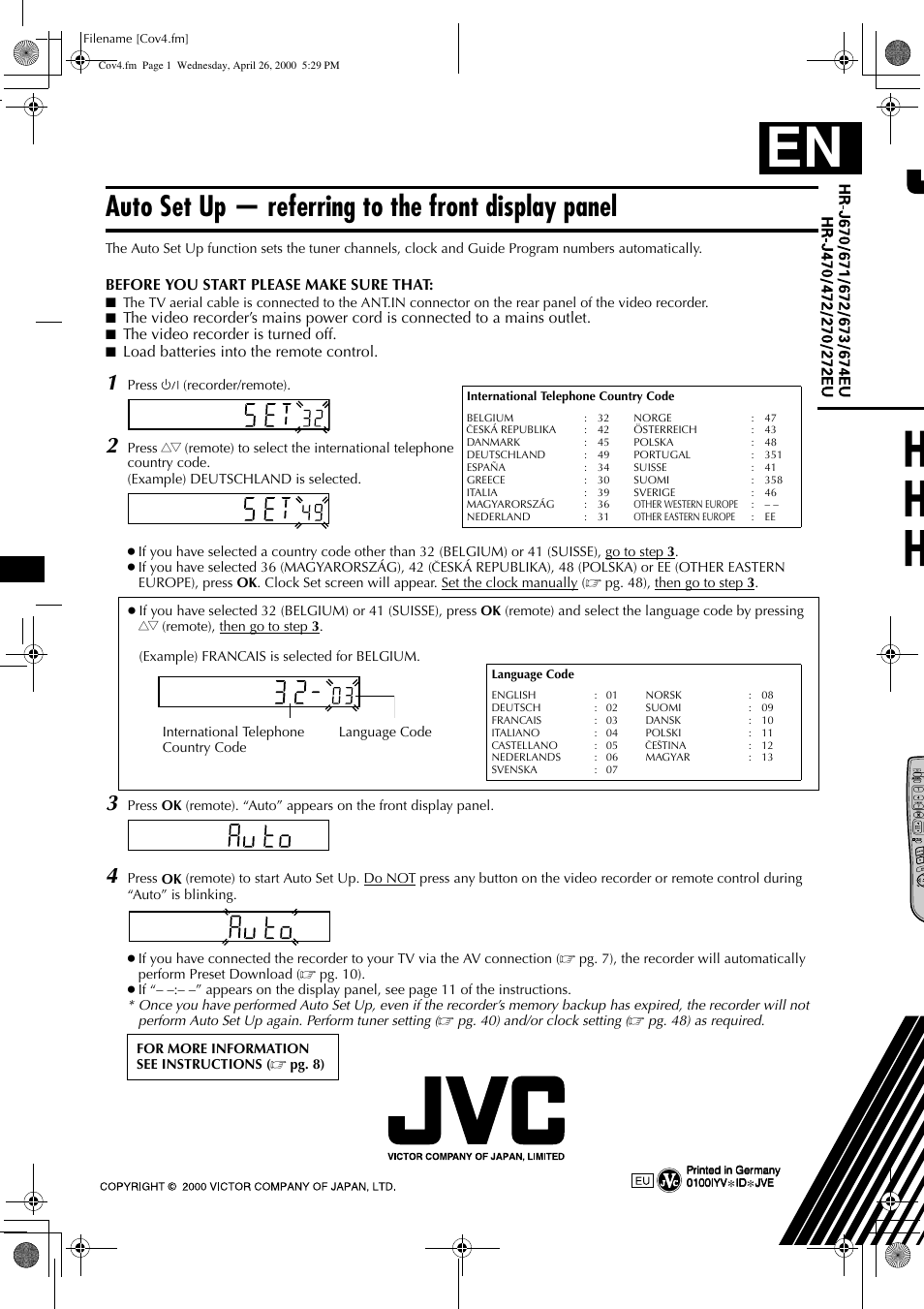 Auto set up — referring to the front display panel | JVC HR-J470 User Manual | Page 56 / 56