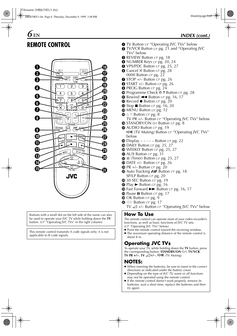 Remote control, En index (cont.), How to use | Operating jvc tvs | JVC HR-J470 User Manual | Page 6 / 56