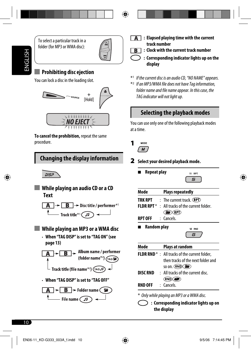 Changing the display information, Selecting the playback modes, English | Prohibiting disc ejection | JVC KD-G331 User Manual | Page 10 / 20