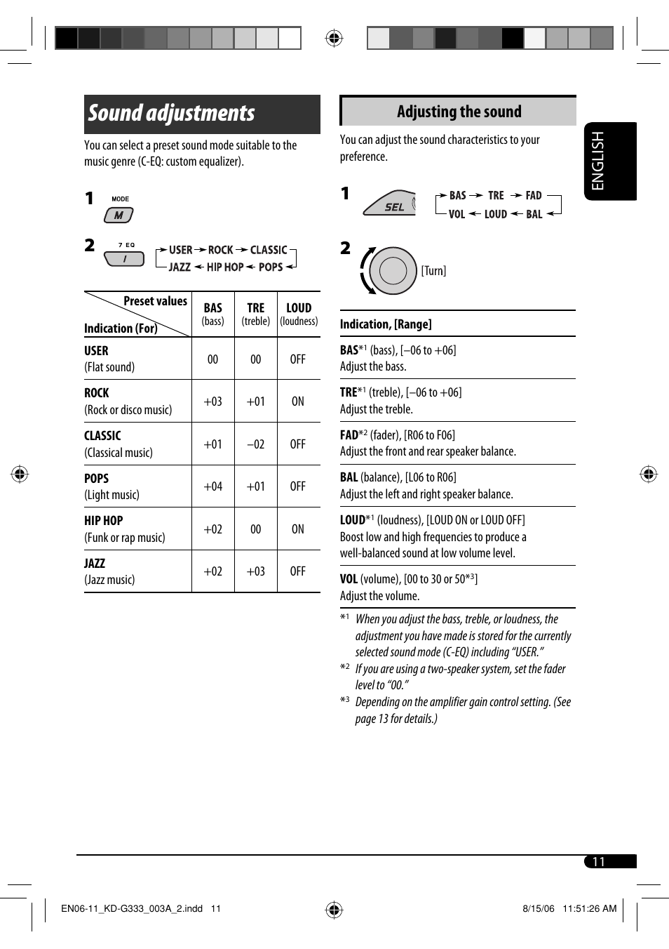 Sound adjustments, Adjusting the sound, English | JVC KD-G331 User Manual | Page 11 / 20