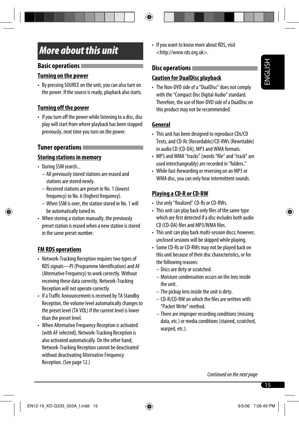 More about this unit, English, Disc operations | Basic operations, Tuner operations | JVC KD-G331 User Manual | Page 15 / 20