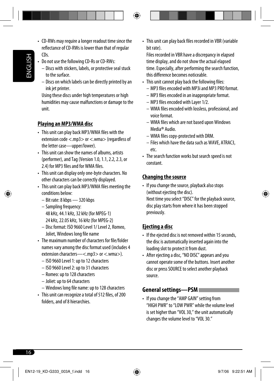 English, General settings—psm | JVC KD-G331 User Manual | Page 16 / 20