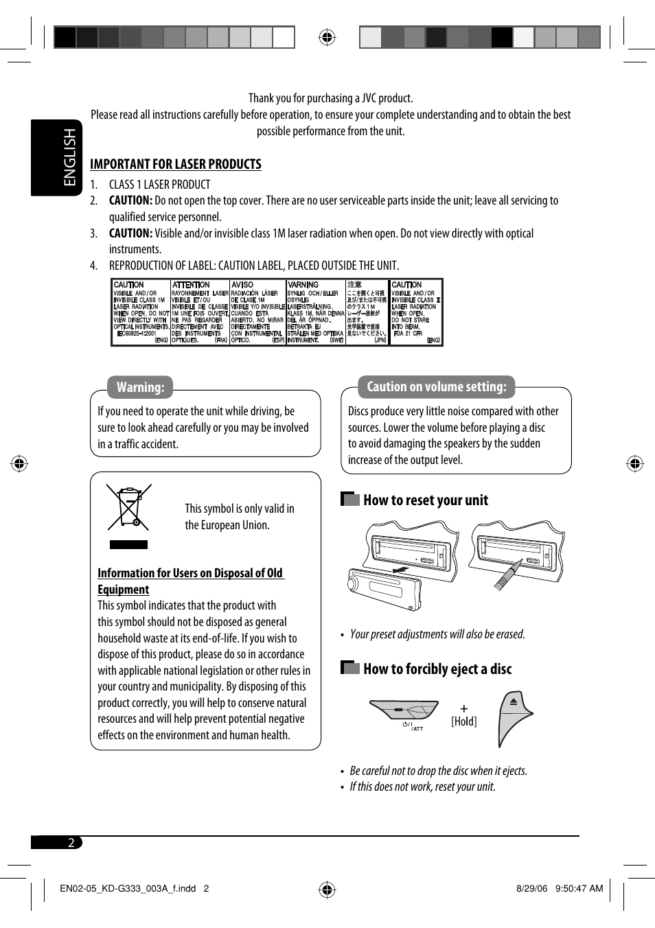 English, How to reset your unit, How to forcibly eject a disc | JVC KD-G331 User Manual | Page 2 / 20