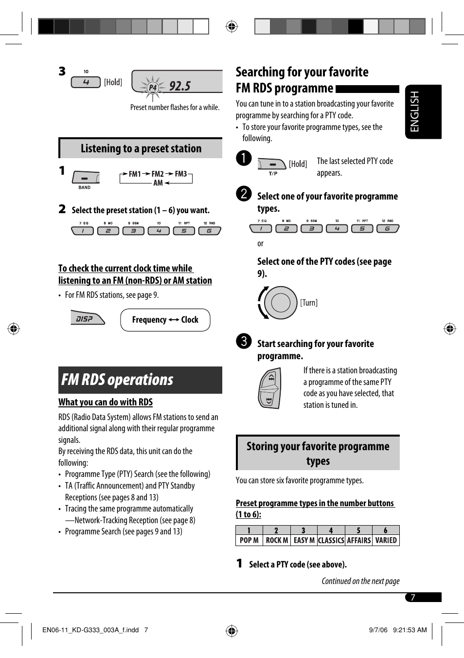 Fm rds operations, Searching for your favorite fm rds programme, Storing your favorite programme types | Listening to a preset station | JVC KD-G331 User Manual | Page 7 / 20