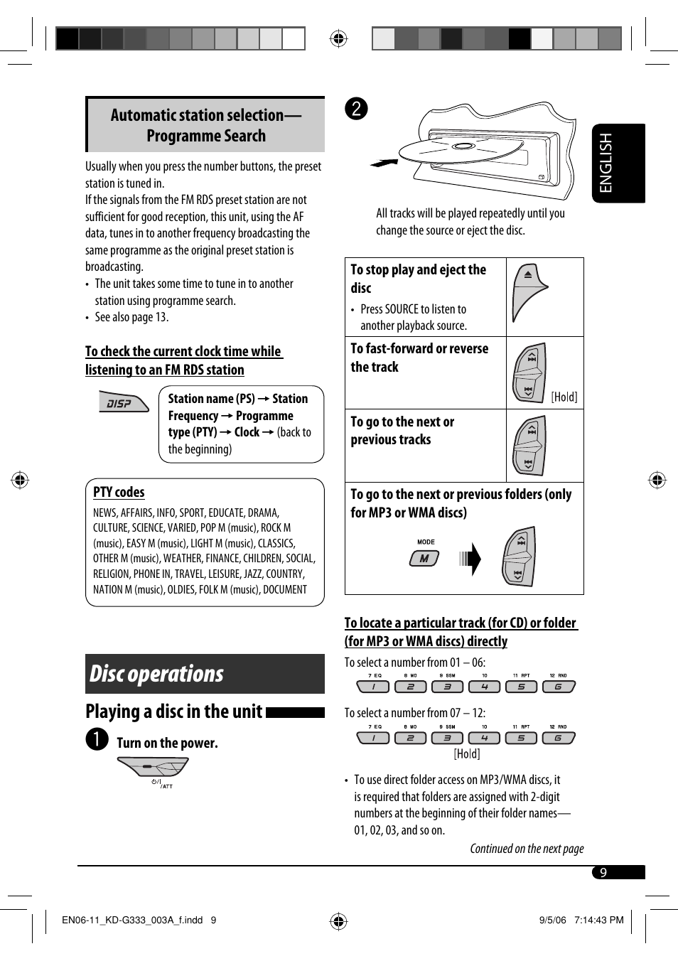 Disc operations, Playing a disc in the unit, Automatic station selection— programme search | JVC KD-G331 User Manual | Page 9 / 20