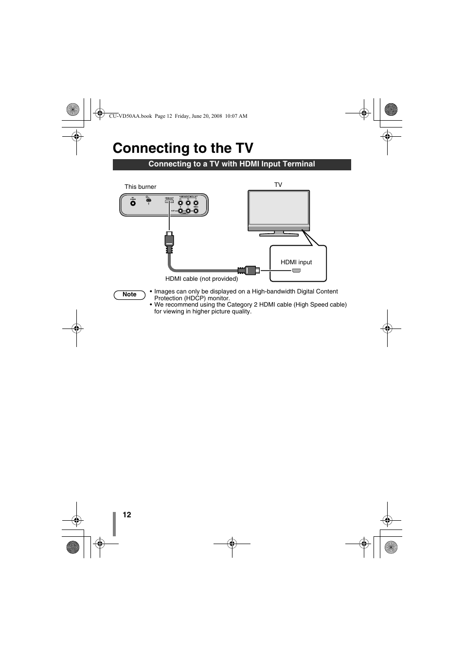 Z connecting to the tv, Connecting to a tv with hdmi input terminal, P. 12) | Connecting to the tv | JVC CU-VD50AA User Manual | Page 12 / 52