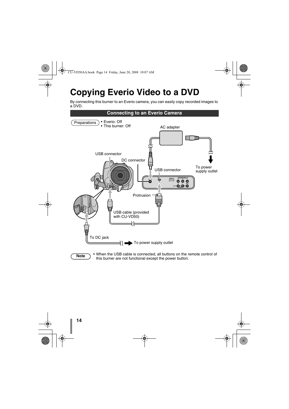 Z copying everio video to a dvd, Connecting to an everio camera, Ra (p. 14) | Copying everio video to a dvd | JVC CU-VD50AA User Manual | Page 14 / 52