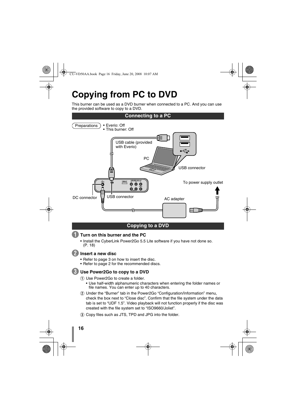 Z copying from pc to dvd, Connecting to a pc copying to a dvd, To the pc (p. 16) | Copying from pc to dvd | JVC CU-VD50AA User Manual | Page 16 / 52