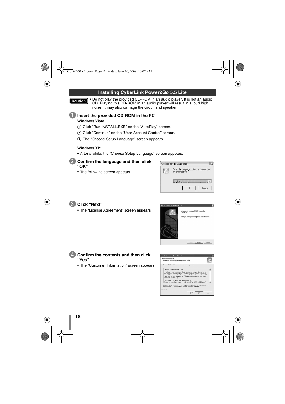Installing cyberlink power2go 5.5 lite | JVC CU-VD50AA User Manual | Page 18 / 52