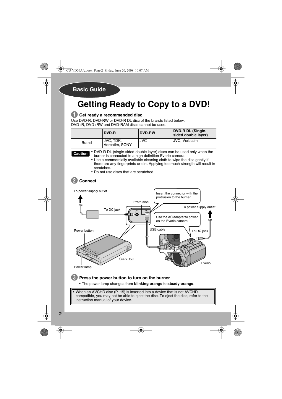 Getting ready to copy to a dvd, Basic guide | JVC CU-VD50AA User Manual | Page 2 / 52