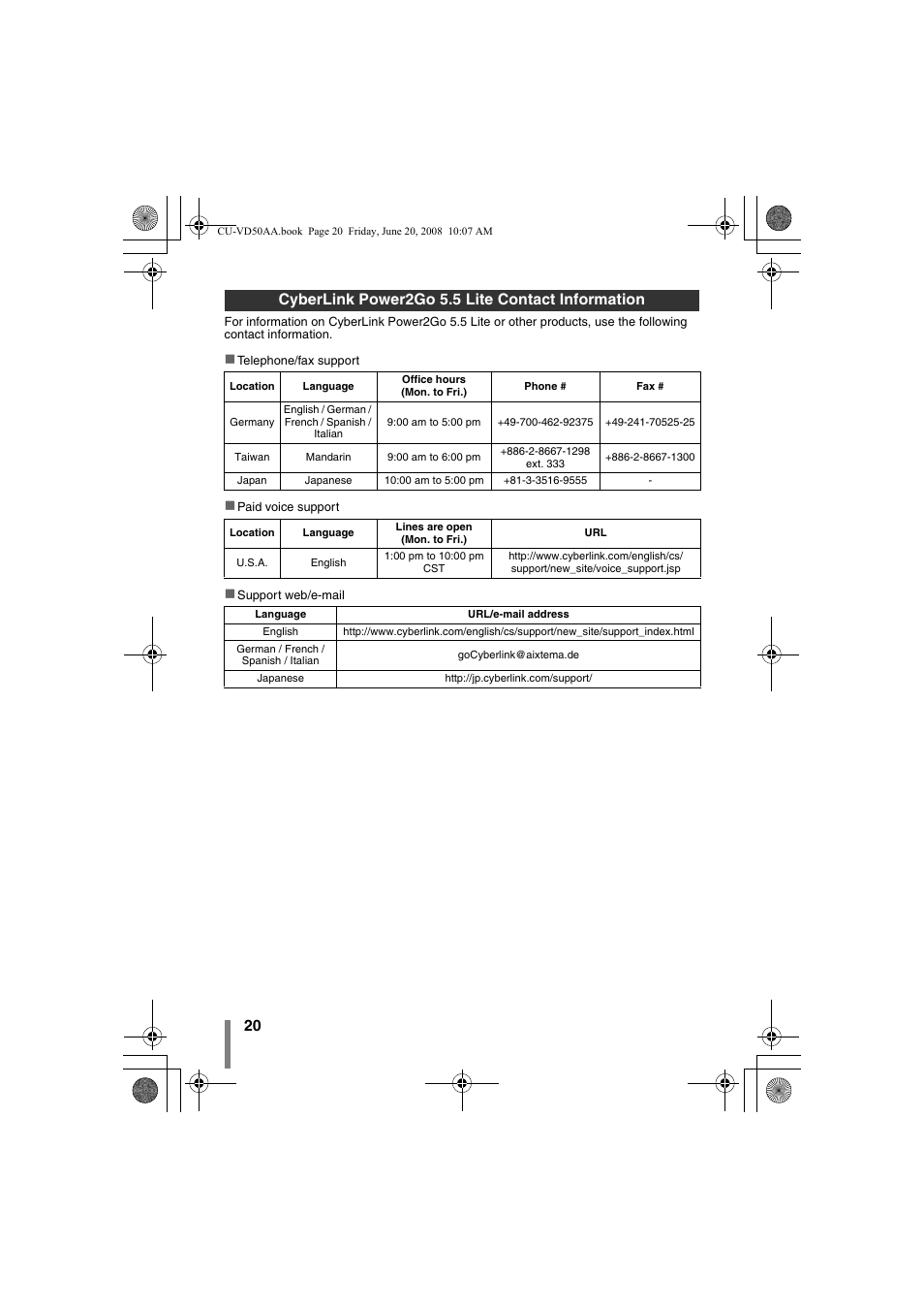 Cyberlink power2go 5.5 lite contact information | JVC CU-VD50AA User Manual | Page 20 / 52