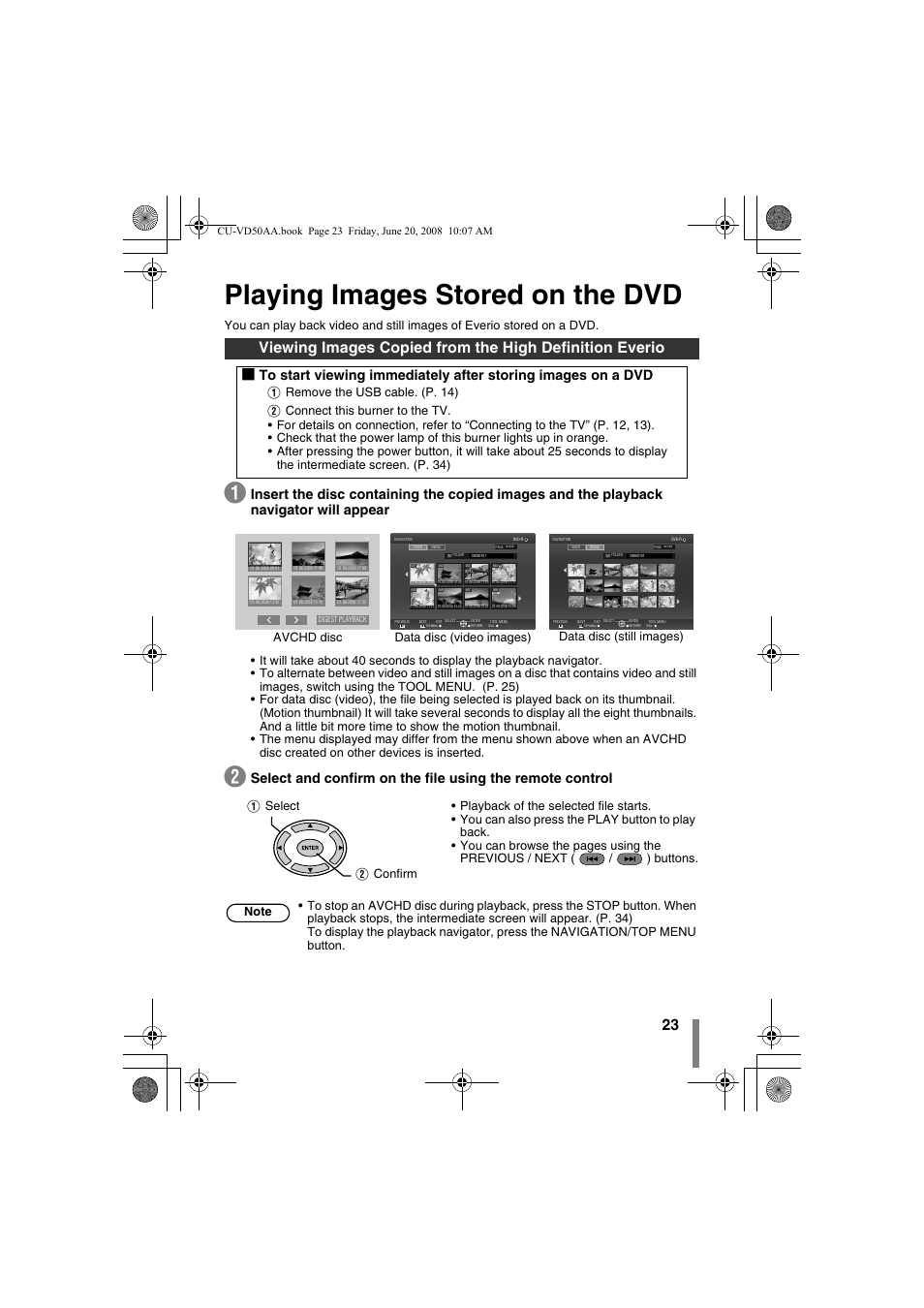 Z playing images stored on the dvd, Navigator (p. 23), R) or this burner. (p. 23) | On this burner. (p. 23), Playing images stored on the dvd, Data disc (video images) data disc (still images), Avchd disc | JVC CU-VD50AA User Manual | Page 23 / 52