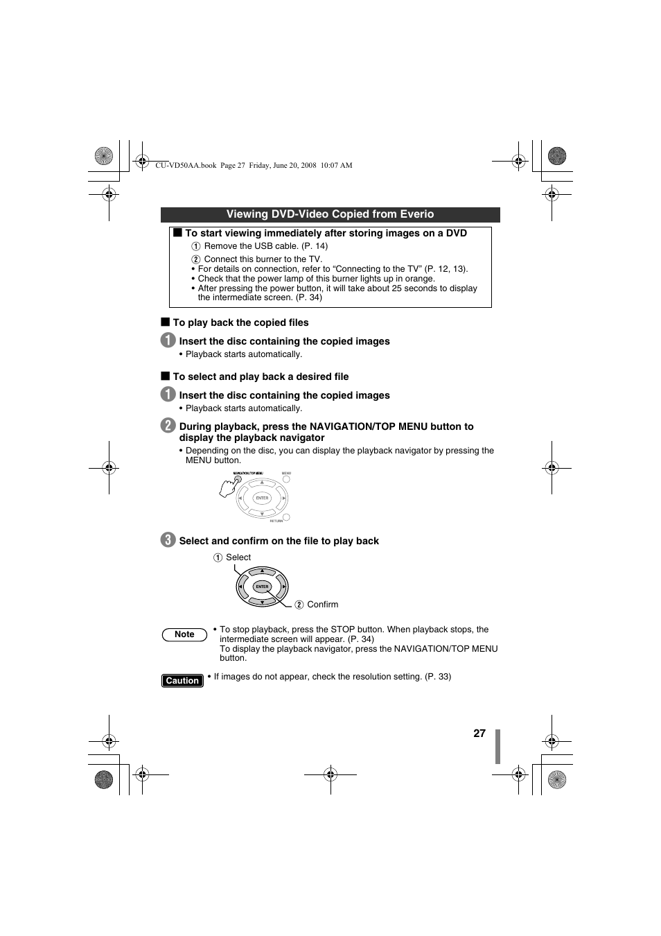 Viewing dvd-video copied from everio, Navigator (p. 27), Dvd player or this burner. (p. 27) | JVC CU-VD50AA User Manual | Page 27 / 52