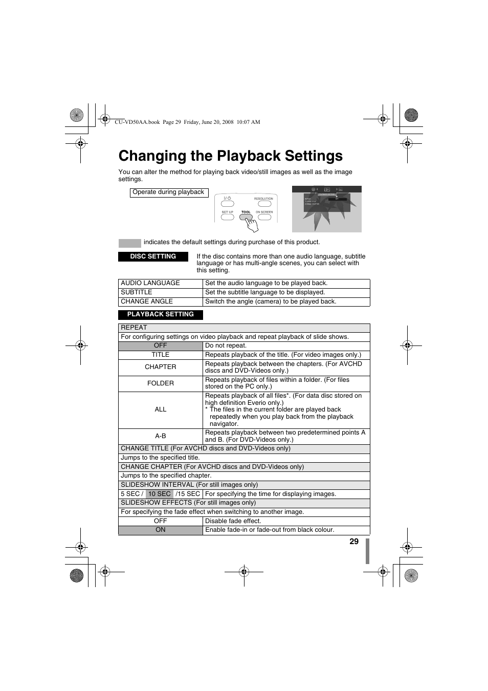 Z changing the playback settings, P. 29), Changing the playback settings | JVC CU-VD50AA User Manual | Page 29 / 52