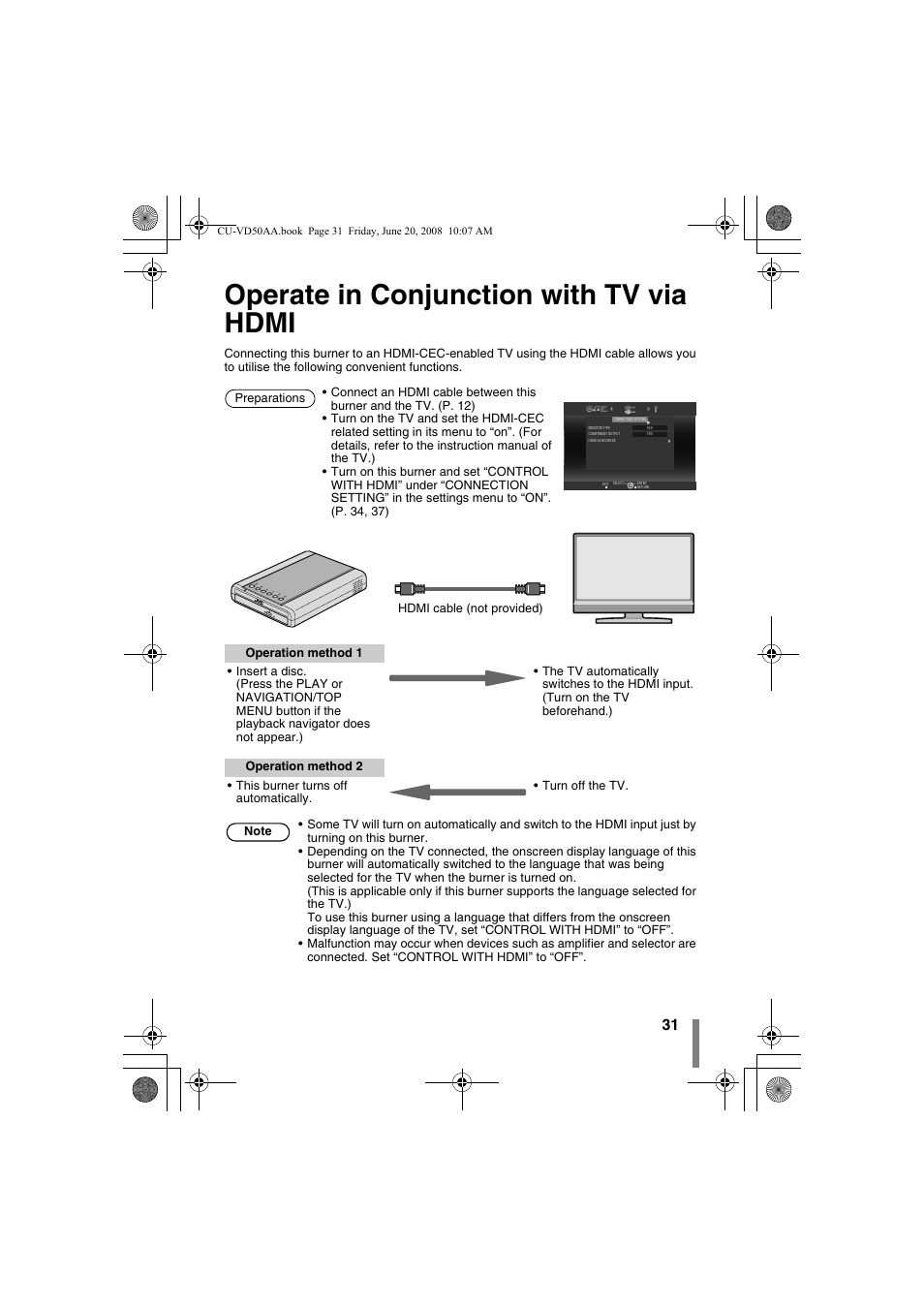 Z operate in conjunction with tv via hdmi, Operate in conjunction with tv via hdmi | JVC CU-VD50AA User Manual | Page 31 / 52