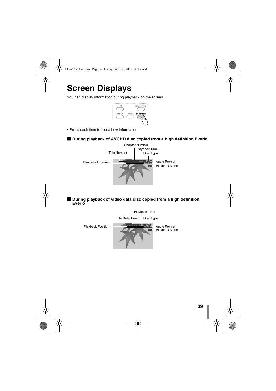 Z screen displays, P. 39), Screen displays | JVC CU-VD50AA User Manual | Page 39 / 52