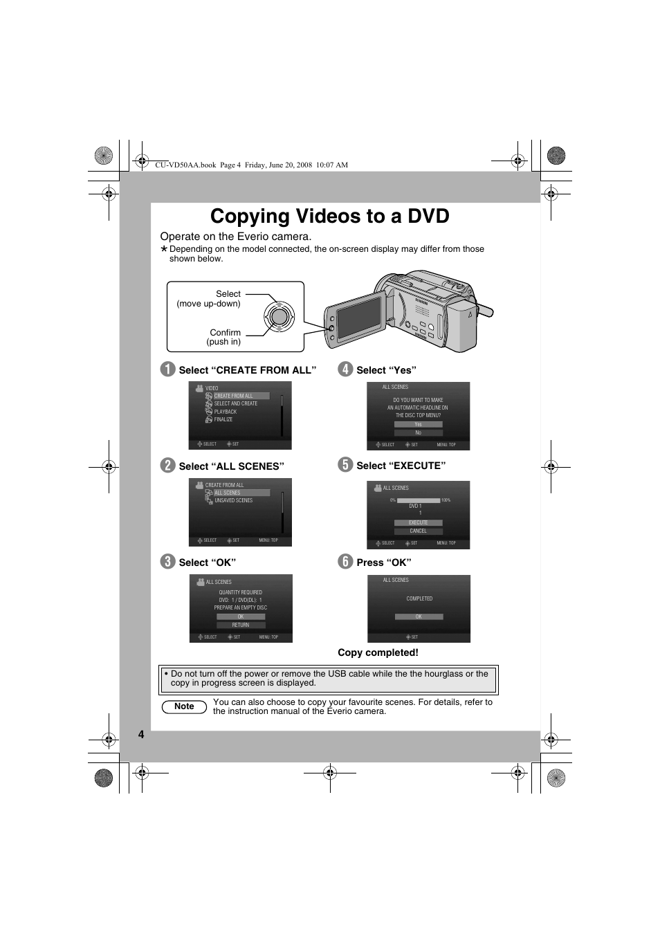 Copying videos to a dvd, Operate on the everio camera, Select “create from all | Select “all scenes, Select “ok, Select “yes, Select “execute, Press “ok” copy completed | JVC CU-VD50AA User Manual | Page 4 / 52