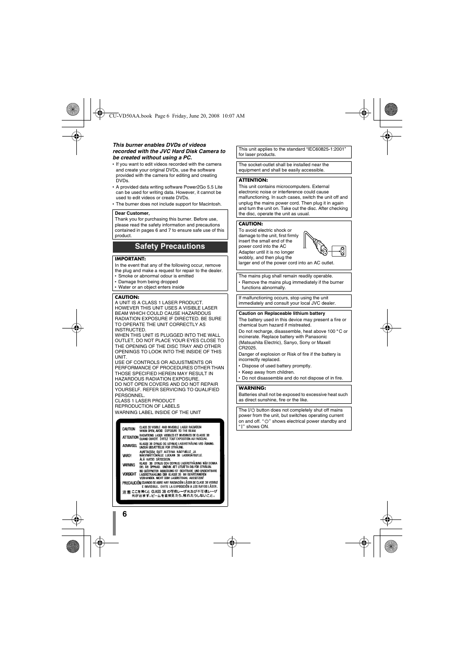 Safety precautions | JVC CU-VD50AA User Manual | Page 6 / 52