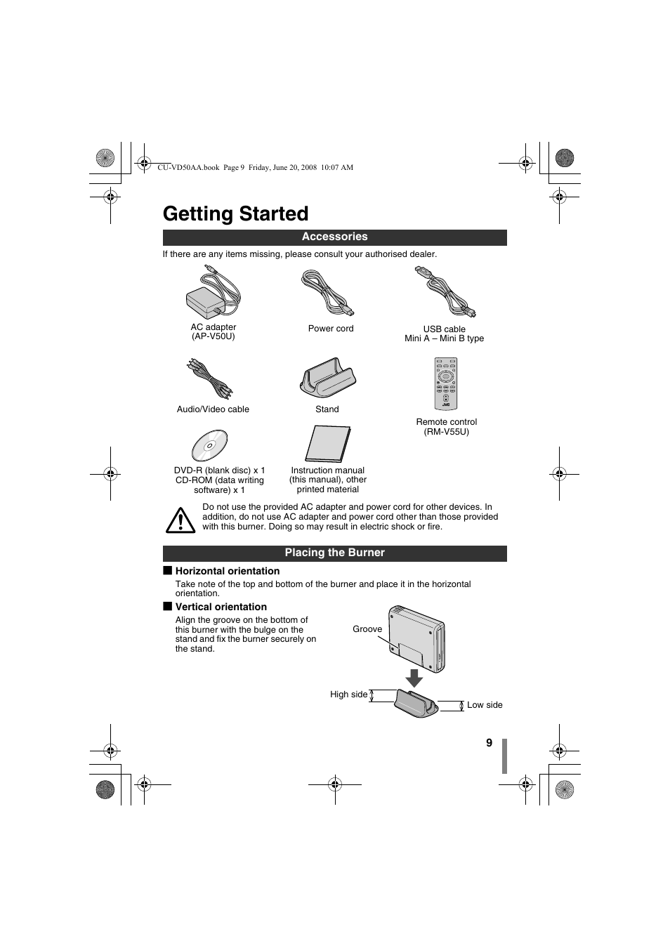 Z getting started, Accessories placing the burner, Getting started | JVC CU-VD50AA User Manual | Page 9 / 52