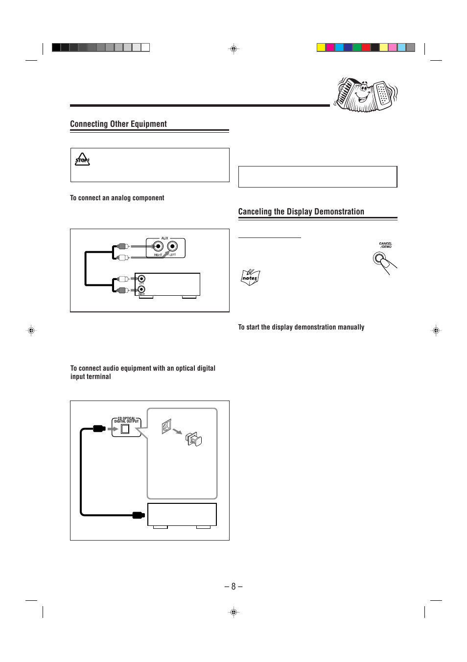 Now, you can plug the ac power cord, Connecting other equipment, Canceling the display demonstration | JVC CA-MXGT90 User Manual | Page 11 / 36