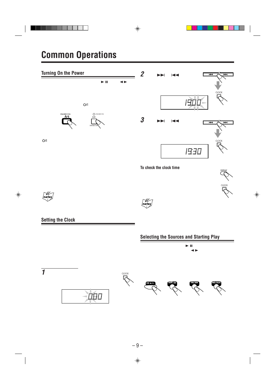 Common operations, Turning on the power, Setting the clock | Selecting the sources and starting play | JVC SP-UXP7 User Manual | Page 12 / 28