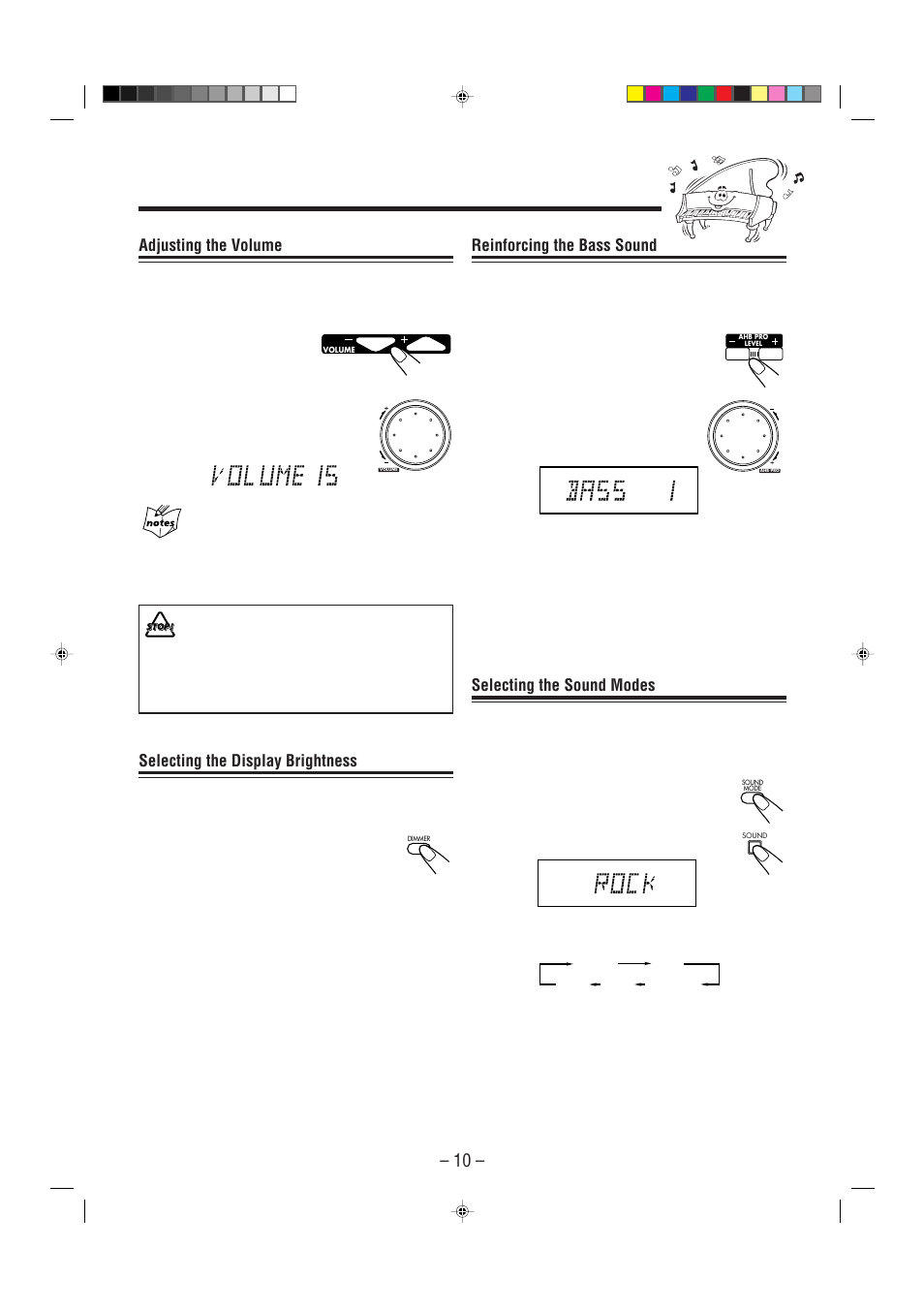 Reinforcing the bass sound, Selecting the sound modes, Adjusting the volume | Selecting the display brightness | JVC SP-UXP7 User Manual | Page 13 / 28