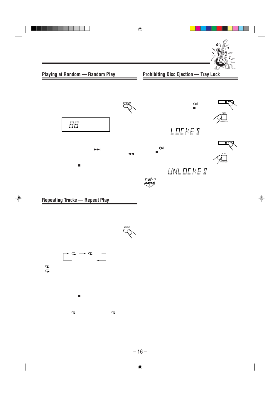 Prohibiting disc ejection — tray lock, Playing at random — random play, Repeating tracks — repeat play | JVC SP-UXP7 User Manual | Page 19 / 28