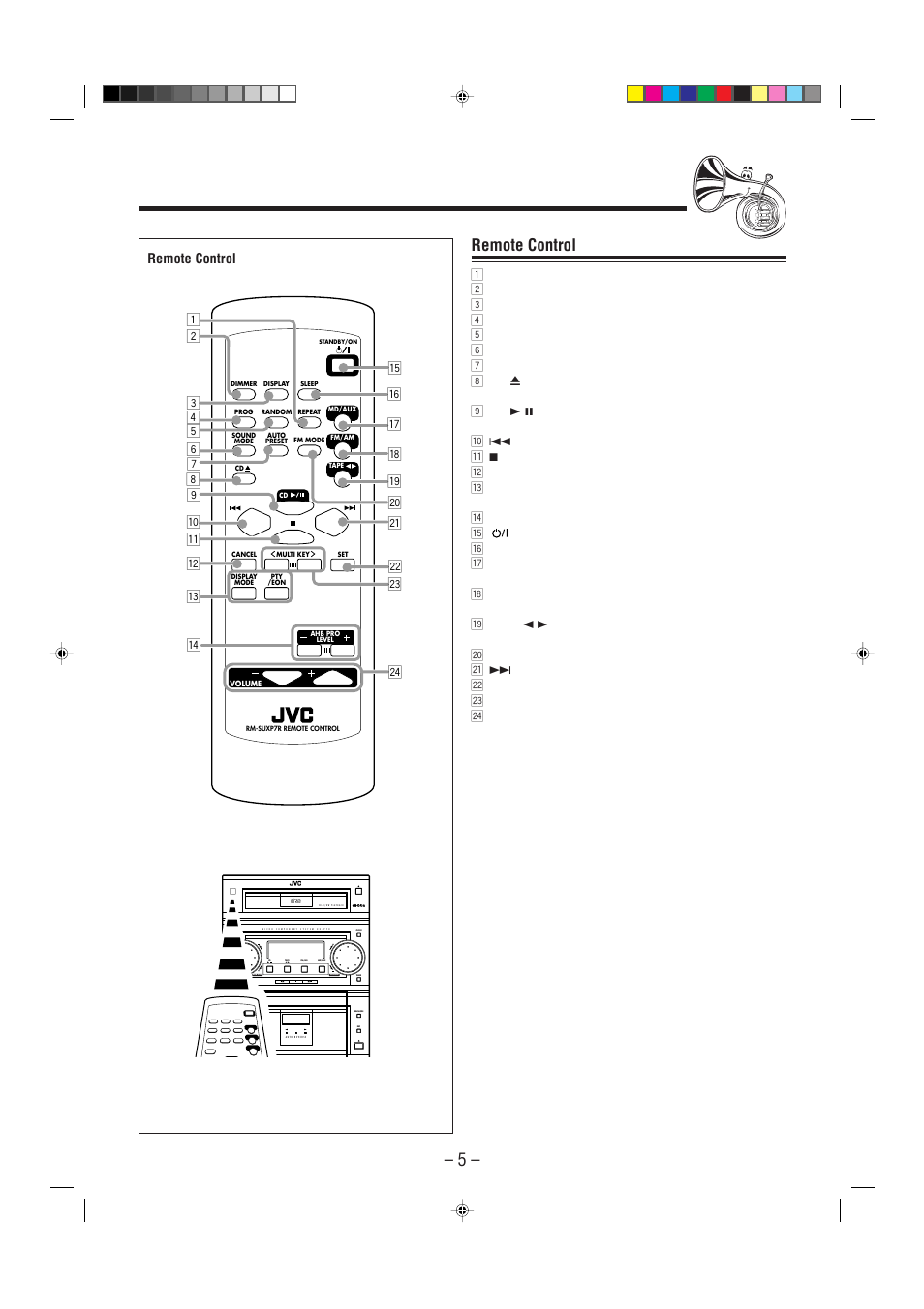 Remote control, Compact digital audio, Standby | Standby / on | JVC SP-UXP7 User Manual | Page 8 / 28