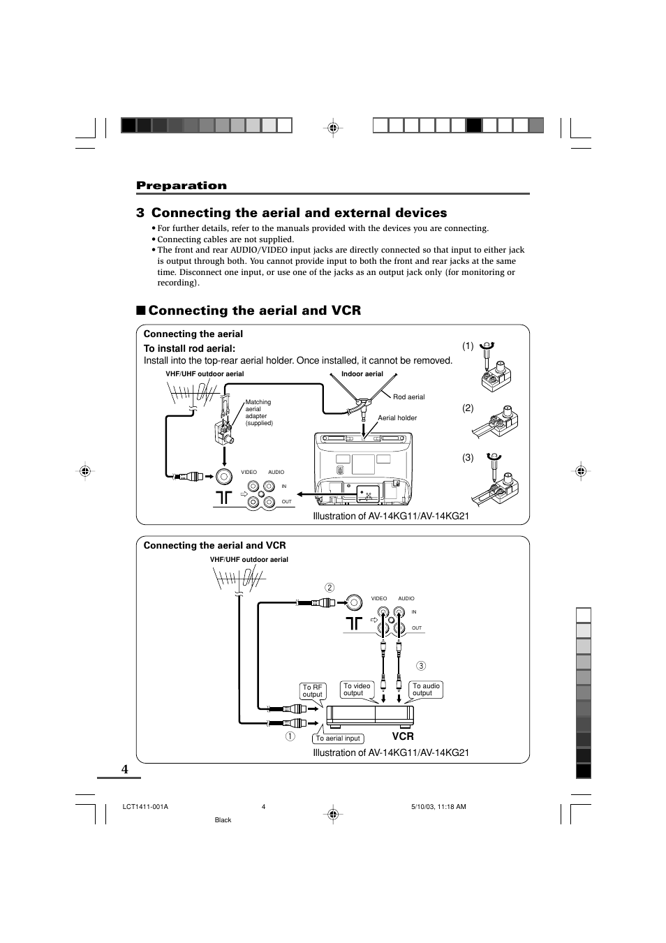 3 connecting the aerial and external devices, Connecting the aerial and vcr, Preparation | JVC AV-14KG11 User Manual | Page 4 / 20