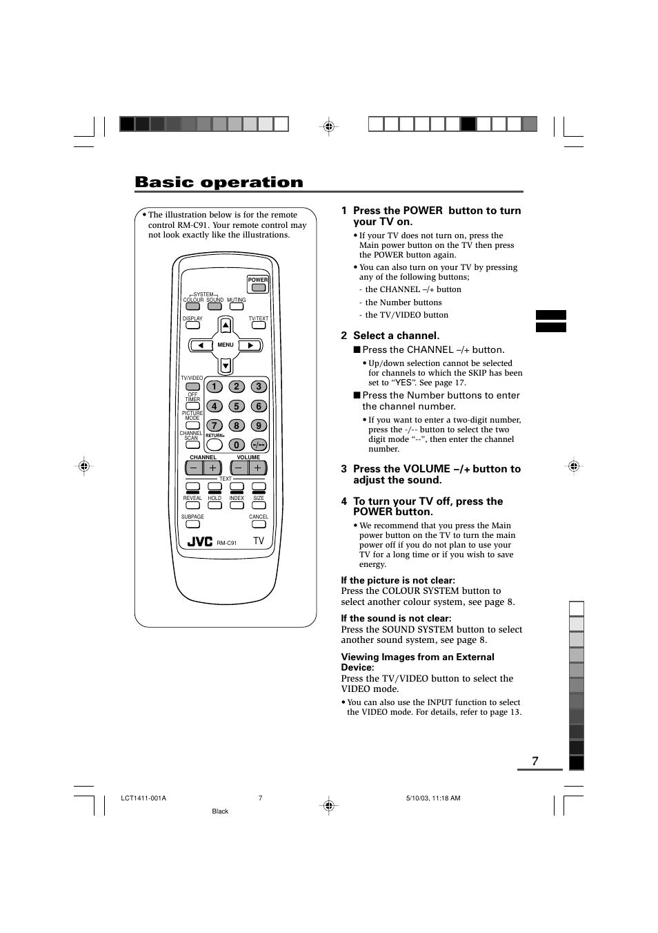 Basic operation, 1 press the power button to turn your tv on, 2 select a channel | JVC AV-14KG11 User Manual | Page 7 / 20