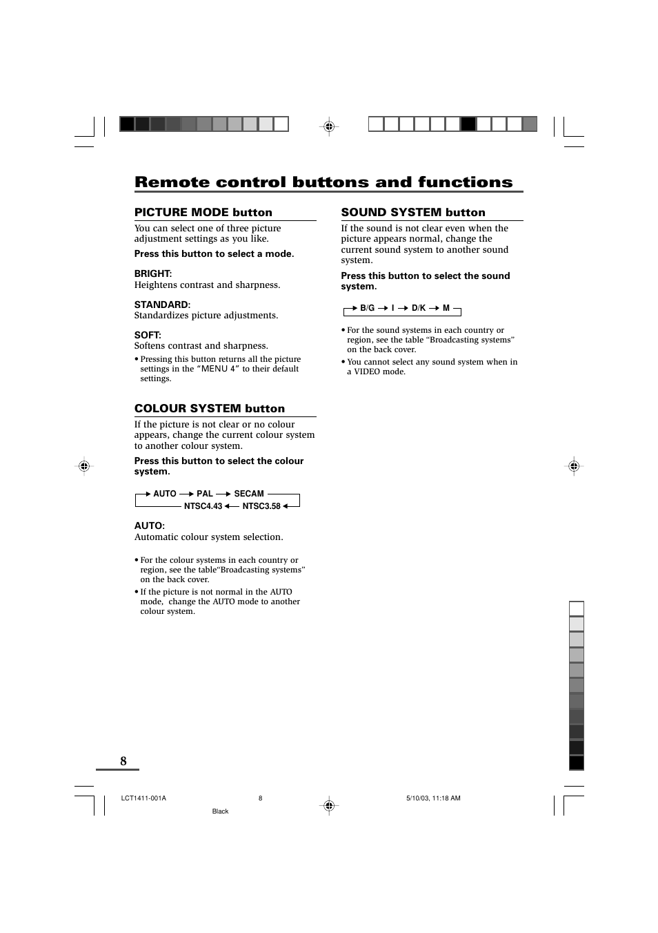 Remote control buttons and functions | JVC AV-14KG11 User Manual | Page 8 / 20