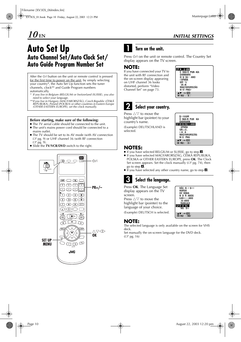 Initial settings, Auto set up, Pg. 10 | JVC 0504CSH-ID-VT User Manual | Page 10 / 84
