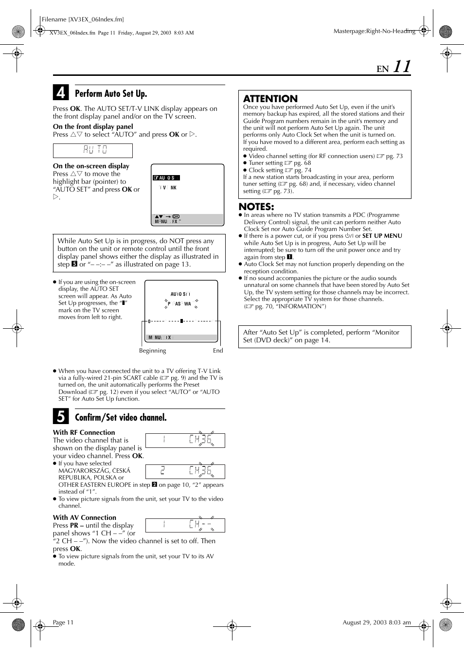 Pg. 11, Perform auto set up, Confirm/set video channel | Attention | JVC 0504CSH-ID-VT User Manual | Page 11 / 84