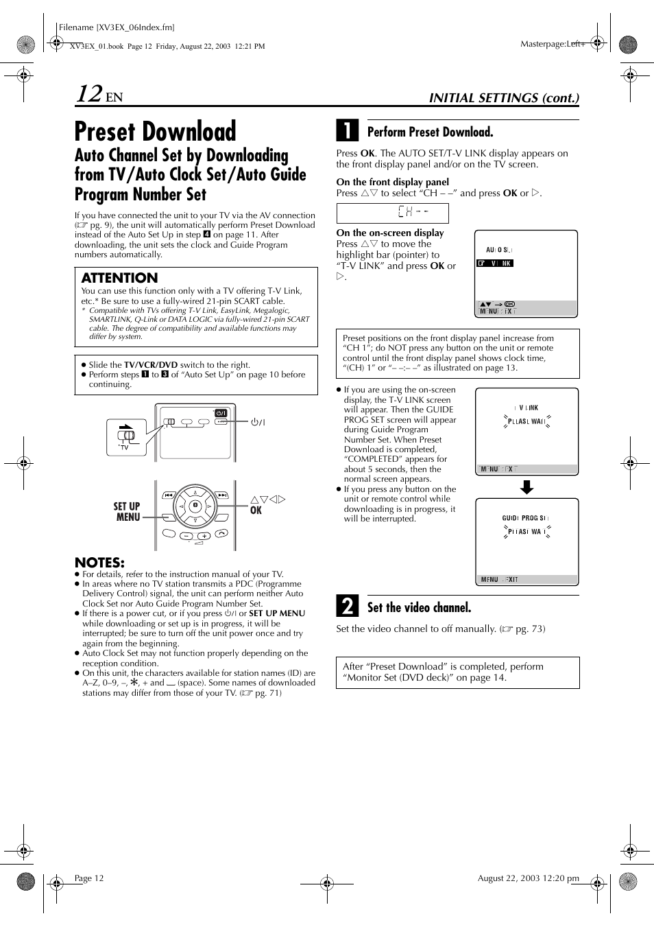 Preset download, Uto set up fu, Initial settings (cont.) | Perform preset download, Set the video channel, Attention | JVC 0504CSH-ID-VT User Manual | Page 12 / 84