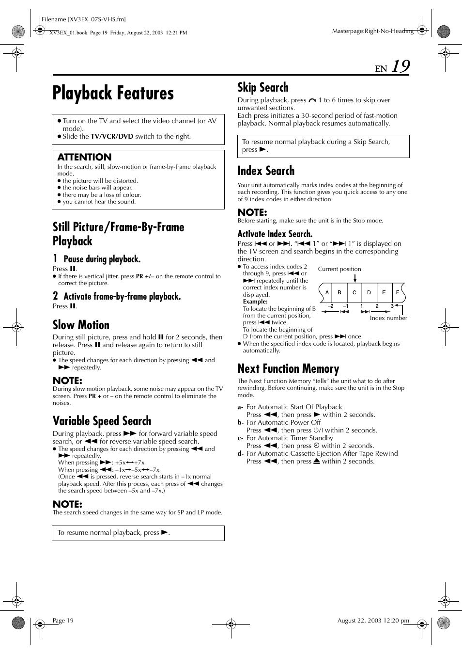 Playback features, Still picture/frame-by-frame playback, Slow motion | Variable speed search, Skip search, Index search, Next function memory, Pg. 19) t, Pg. 19, 31, Pg. 19, 2 | JVC 0504CSH-ID-VT User Manual | Page 19 / 84