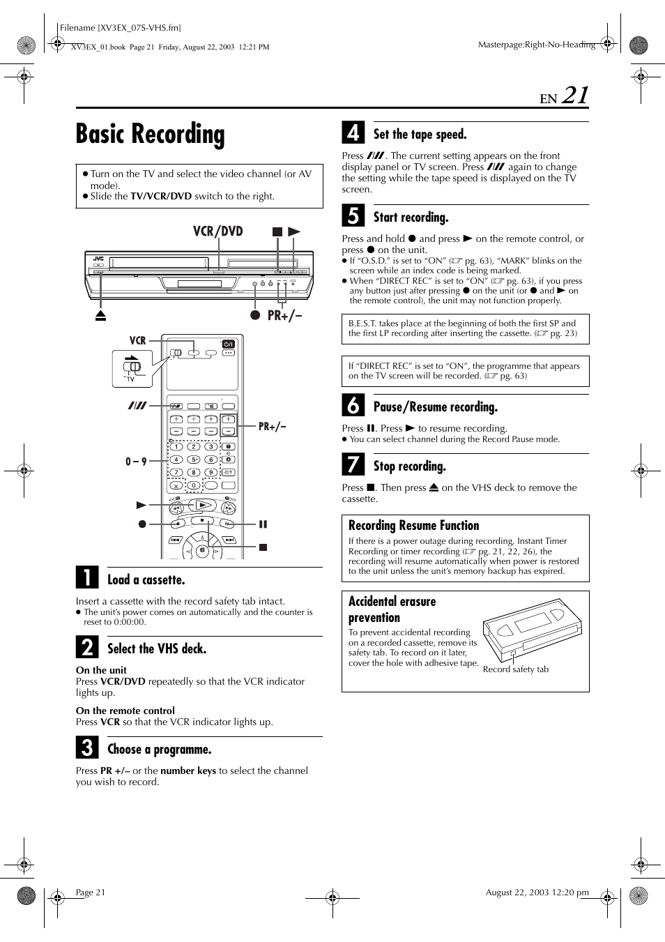 Basic recording, Pg. 21 | JVC 0504CSH-ID-VT User Manual | Page 21 / 84