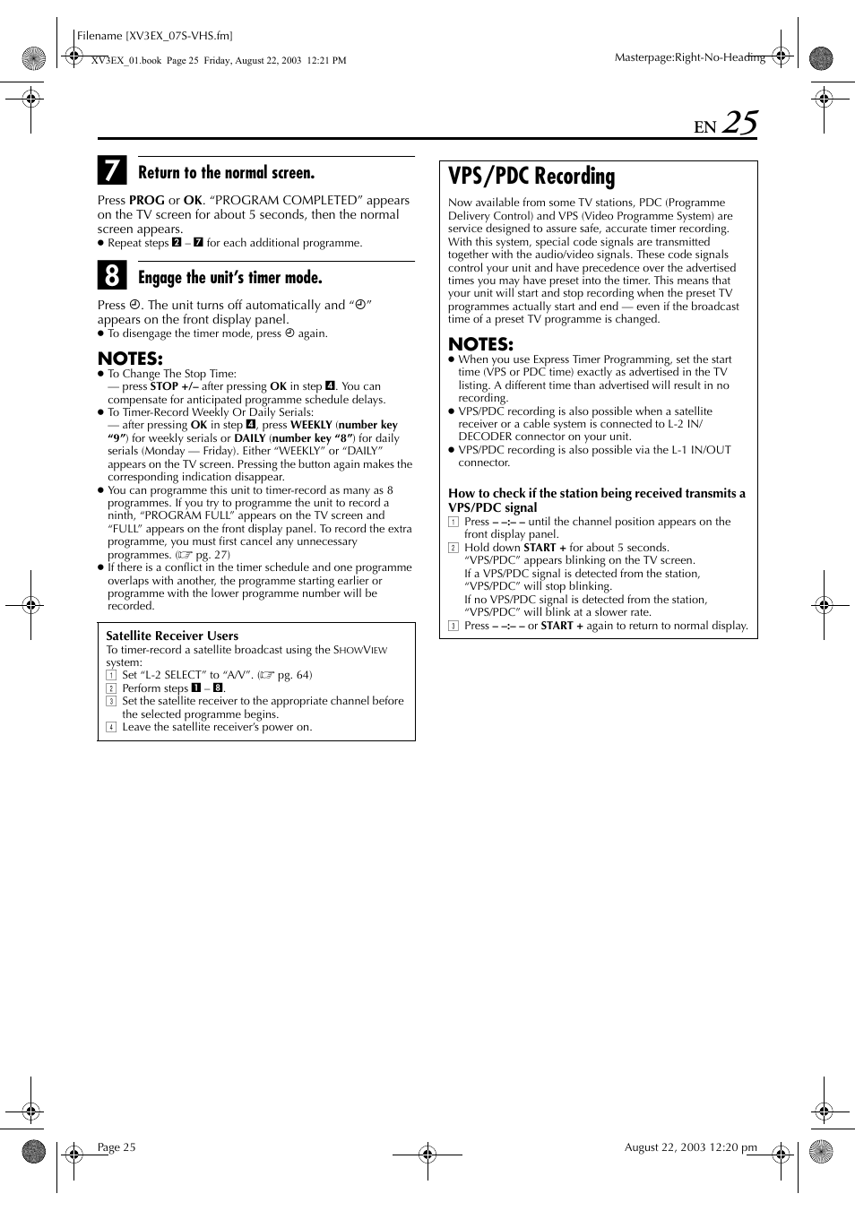 Vps/pdc recording, Pg. 25, Pg. 25, 27 | Pg. 25, 26, Return to the normal screen, Engage the unit’s timer mode | JVC 0504CSH-ID-VT User Manual | Page 25 / 84
