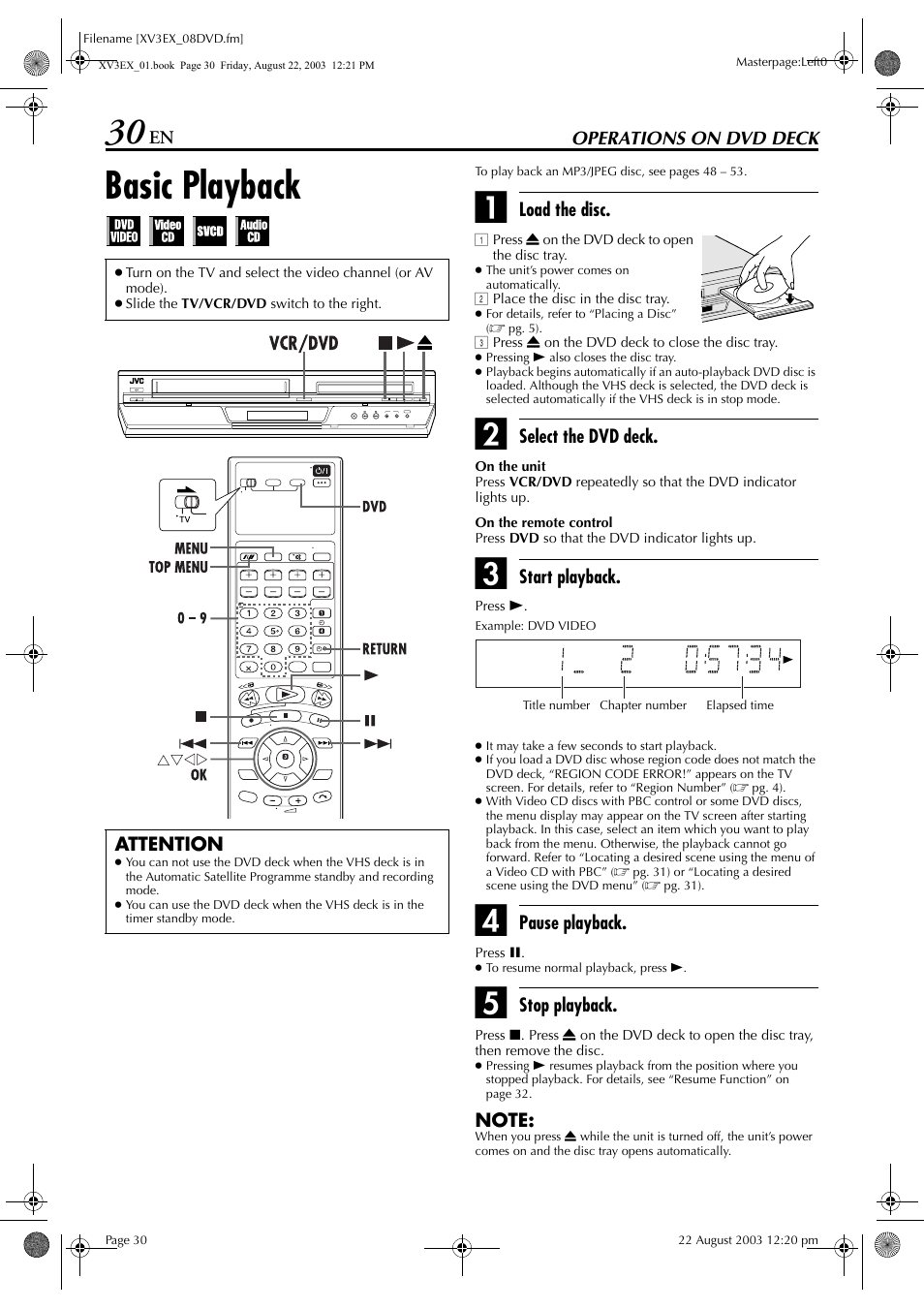 Operations on dvd deck, Basic playback, Cator | Pg. 30 | JVC 0504CSH-ID-VT User Manual | Page 30 / 84